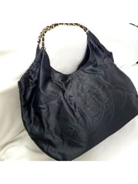 Authentic Chanel Large CC Satin Hobo Bag Black and Gold Chain